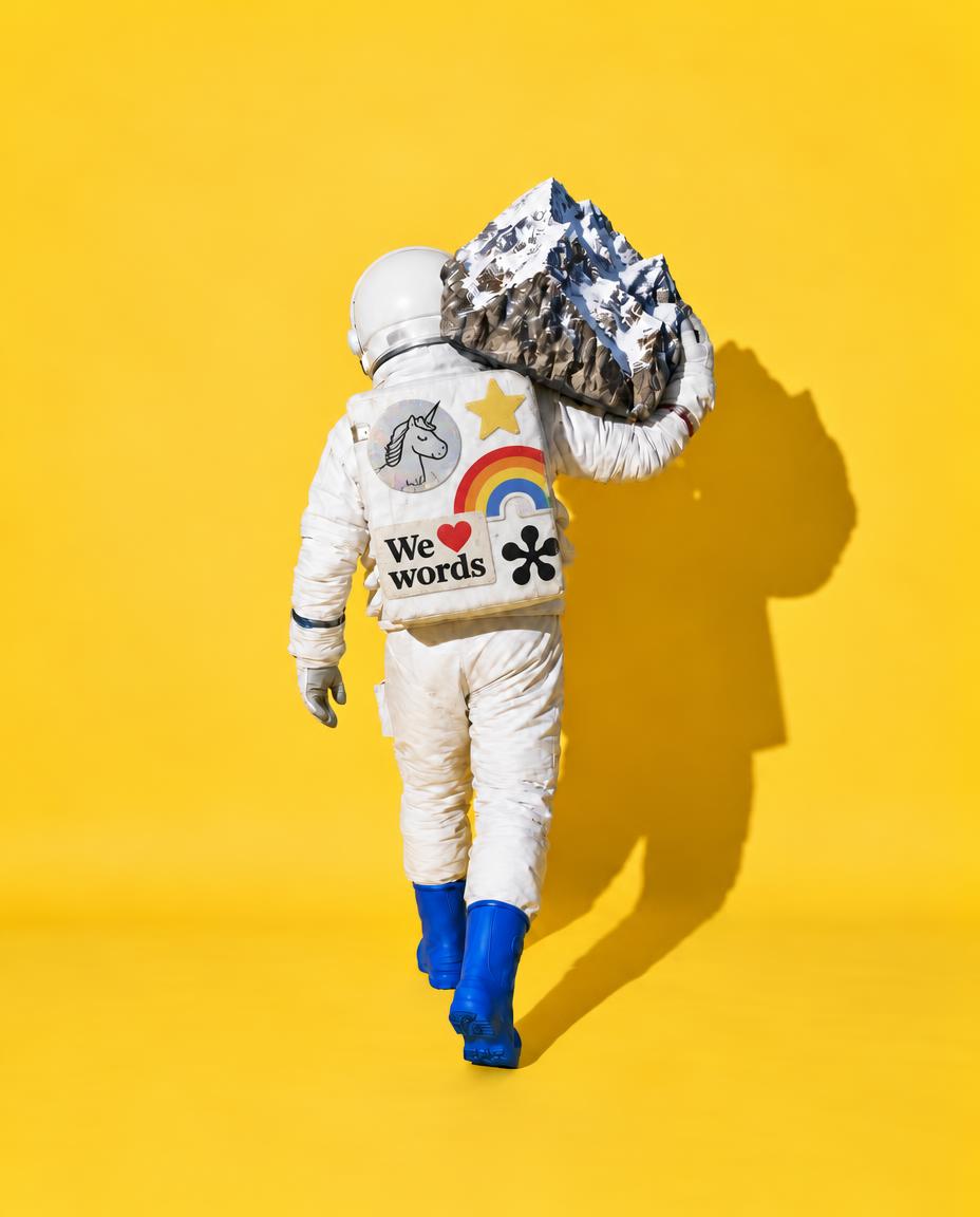 Un astronauta con pegatinas cargando una montaña nevada al hombro