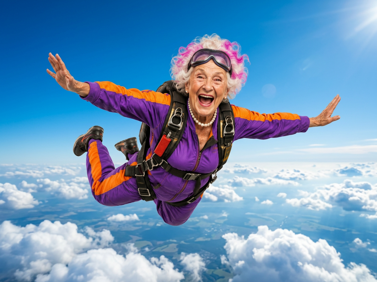 A punky grandma parachuting