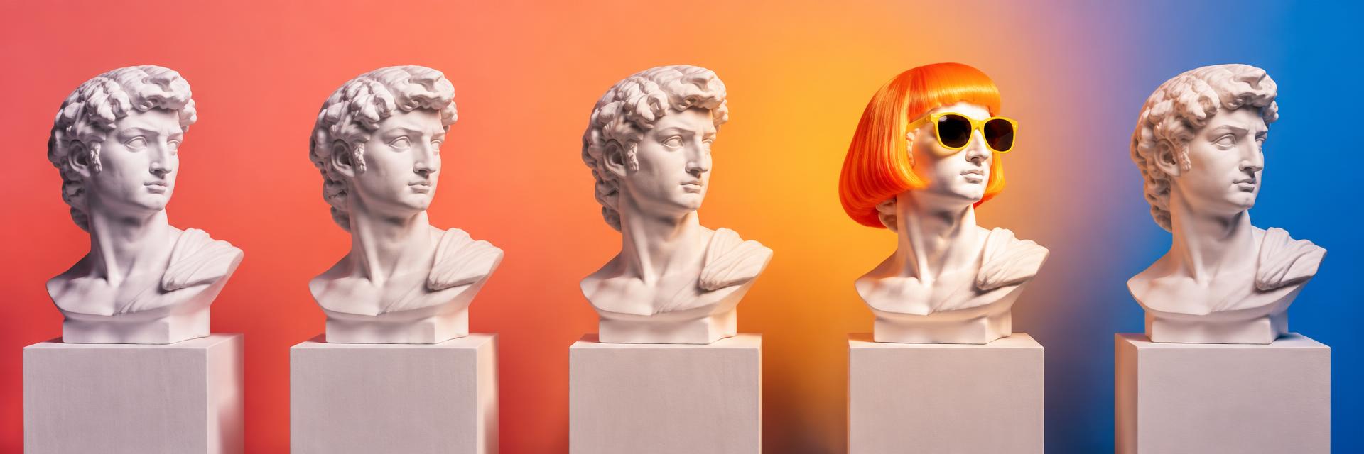 A row of identical white classical busts, one wearing a bright orange bob and yellow sunglasses