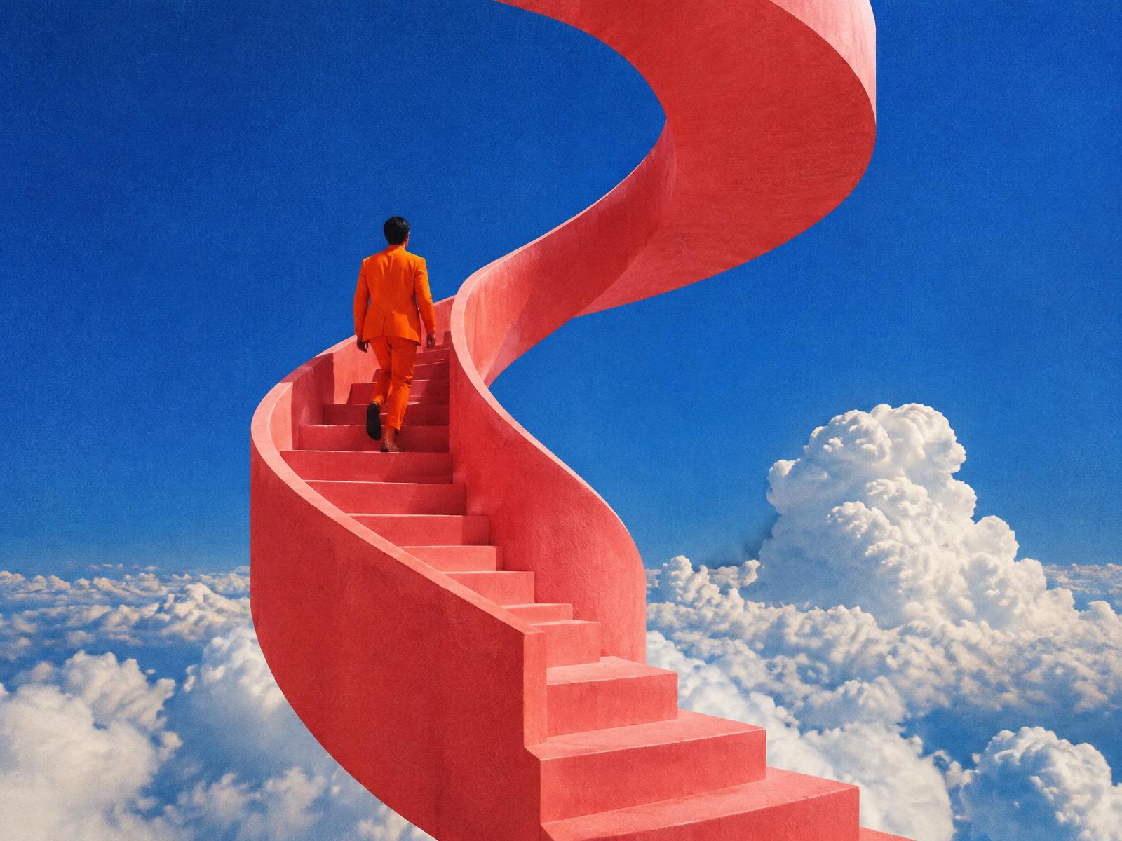 A coral spiral staircase floating in a deep blue sky with a figure in orange climbing