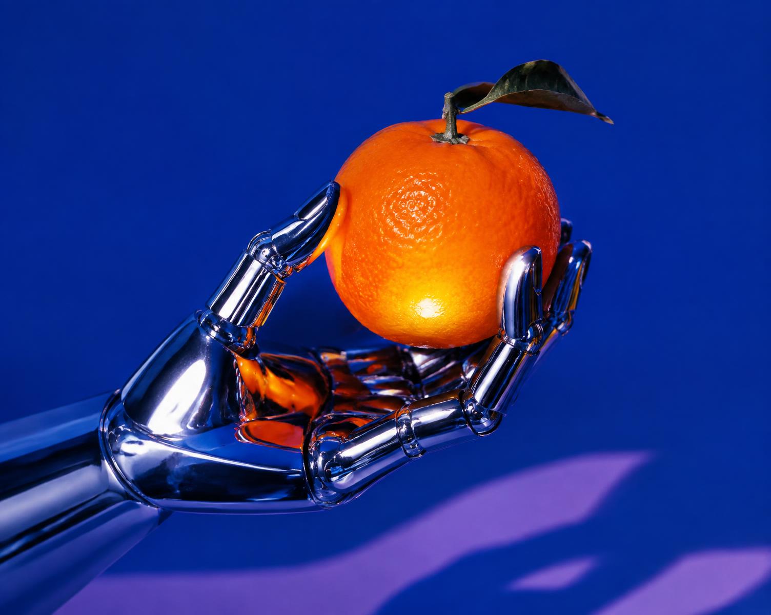 A chrome robot hand holding a glowing orange