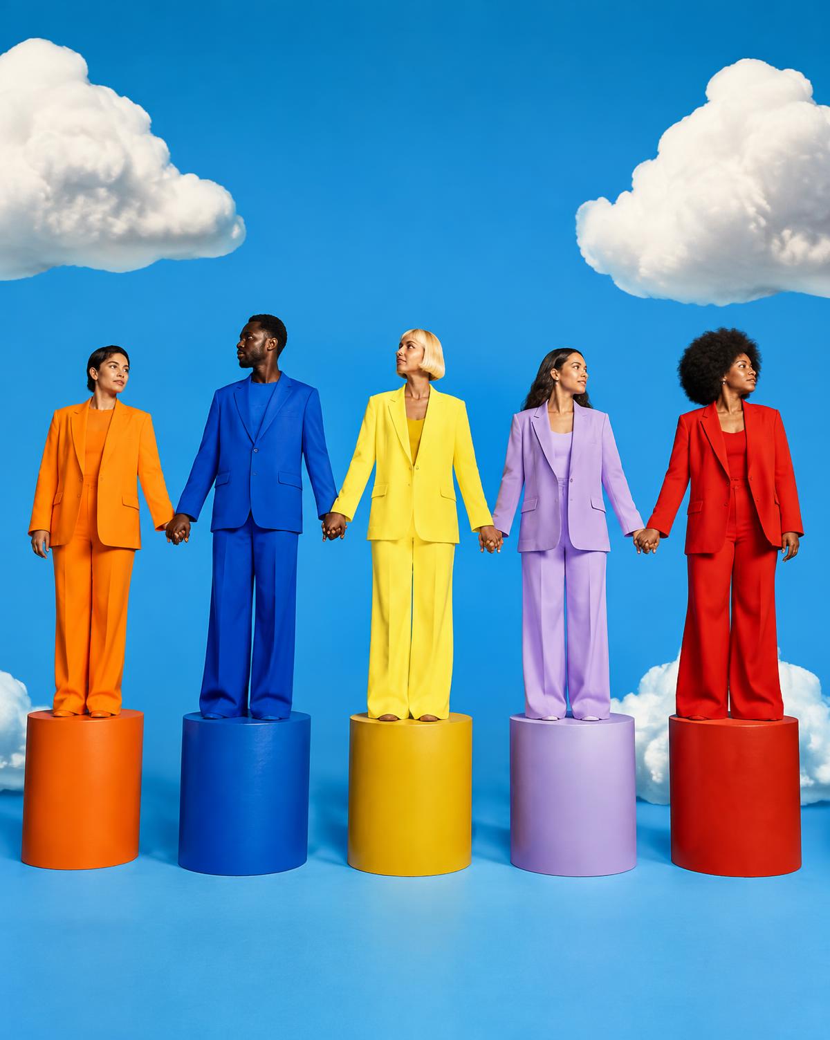 Five people in bold coloured suits holding hands on coloured pedestals